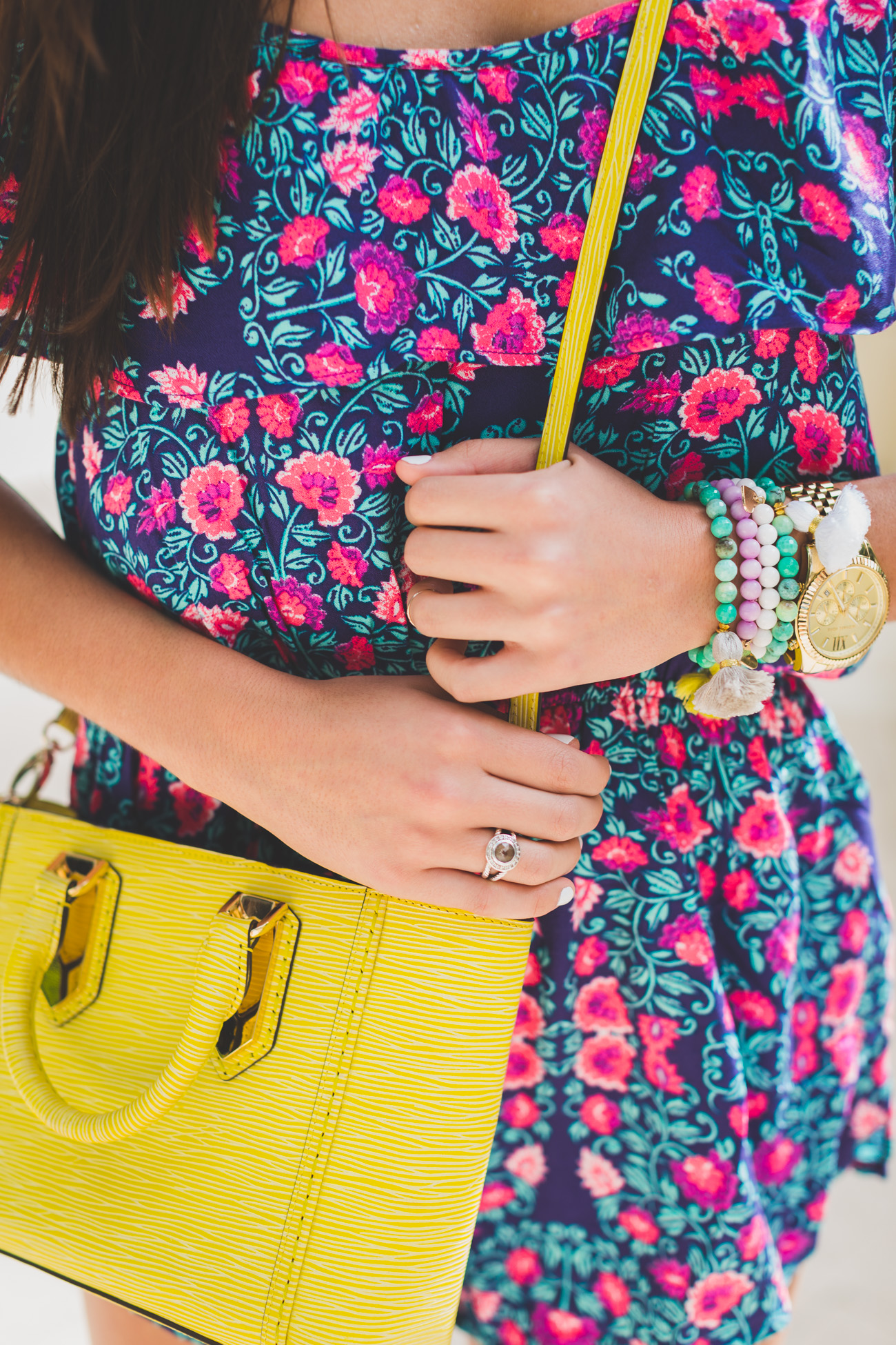 floral romper, floral dress, off the shoulder romper, pink mirror aviators, henri bendel mini a-list satchel, minkpink romper, vacation style, copper wedges, rose gold wedge sandals, tassel jewelry, tassel bracelets, beach style // grace wainwright from a southern drawl