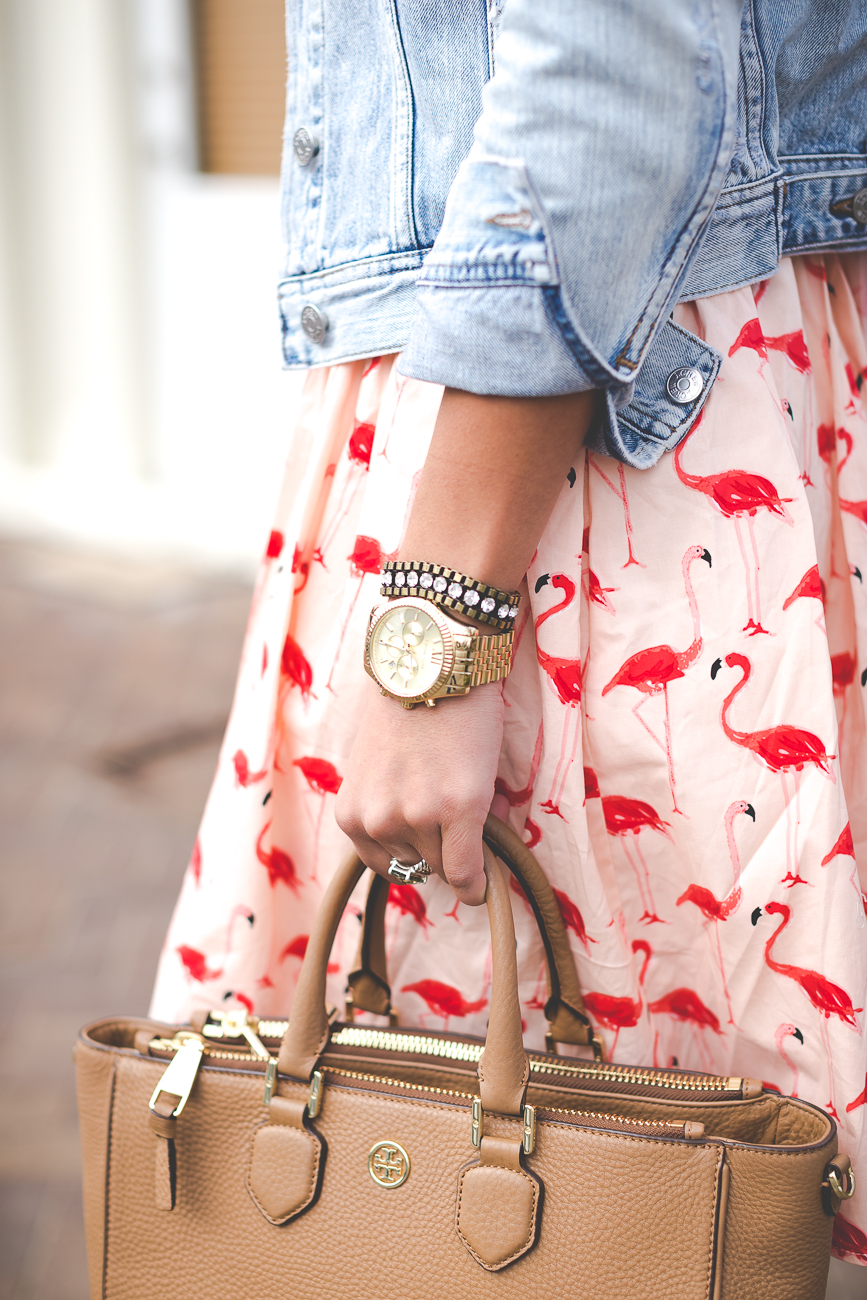 flamingo dress, flamingo print dress, flamingo printed dress, chicwish dress, vintage denim jacket, nude christian louboutin pumps, christian louboutin so kate pumps, flamingo flare dress, spring fashion, spring outfit ideas, spring style, vacation style, vacation outfit, date night outfit ideas // grace wainwright from a southern drawl