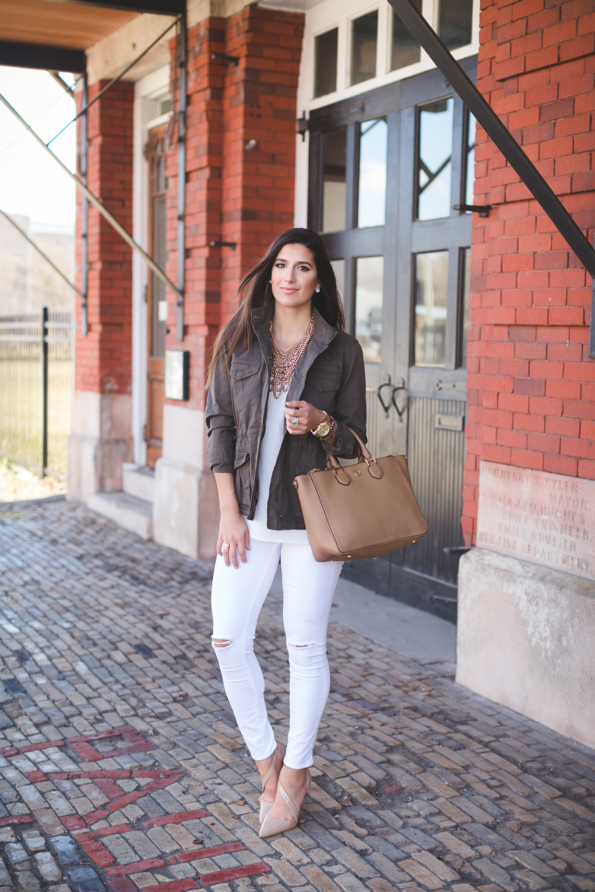 military jacket, utility jacket, green military jacket, hinge fatigue jacket, distressed white skinny jeans, baublebar courtney bib, gold statement bib, transitional piece, spring style, spring fever, spring outfits // grace wainwright from a southern drawl