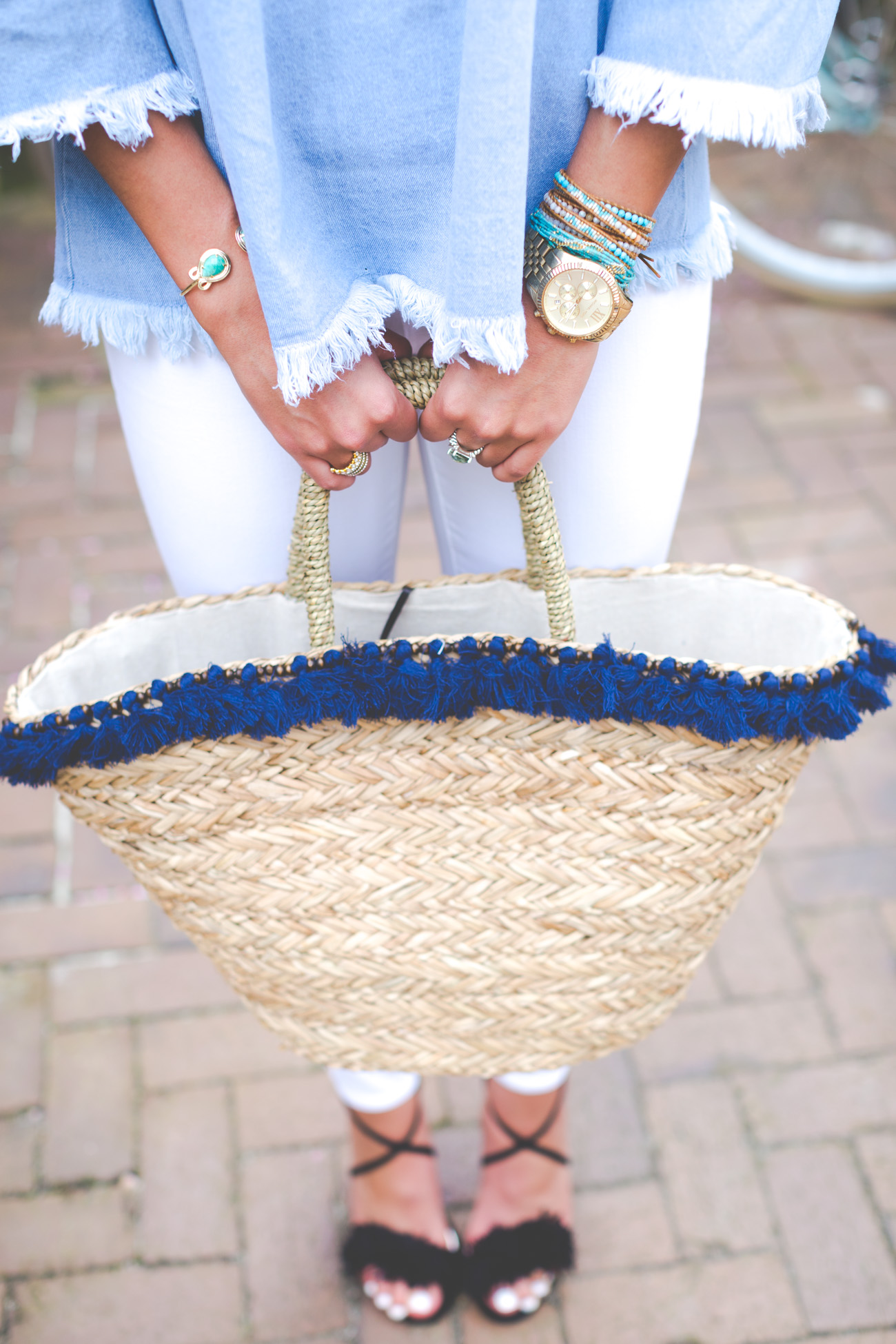 off the shoulder chambray top, chambray shirt, chambray top, off the shoulder top, charleston south carolina, zero george street, bikes charleston, turquoise bikes, tassel straw tote, gold monogram necklace, spring outfit ideas, spring fashion, spring style, spring outfits, spring stylish outfit // grace wainwright from a southern drawl