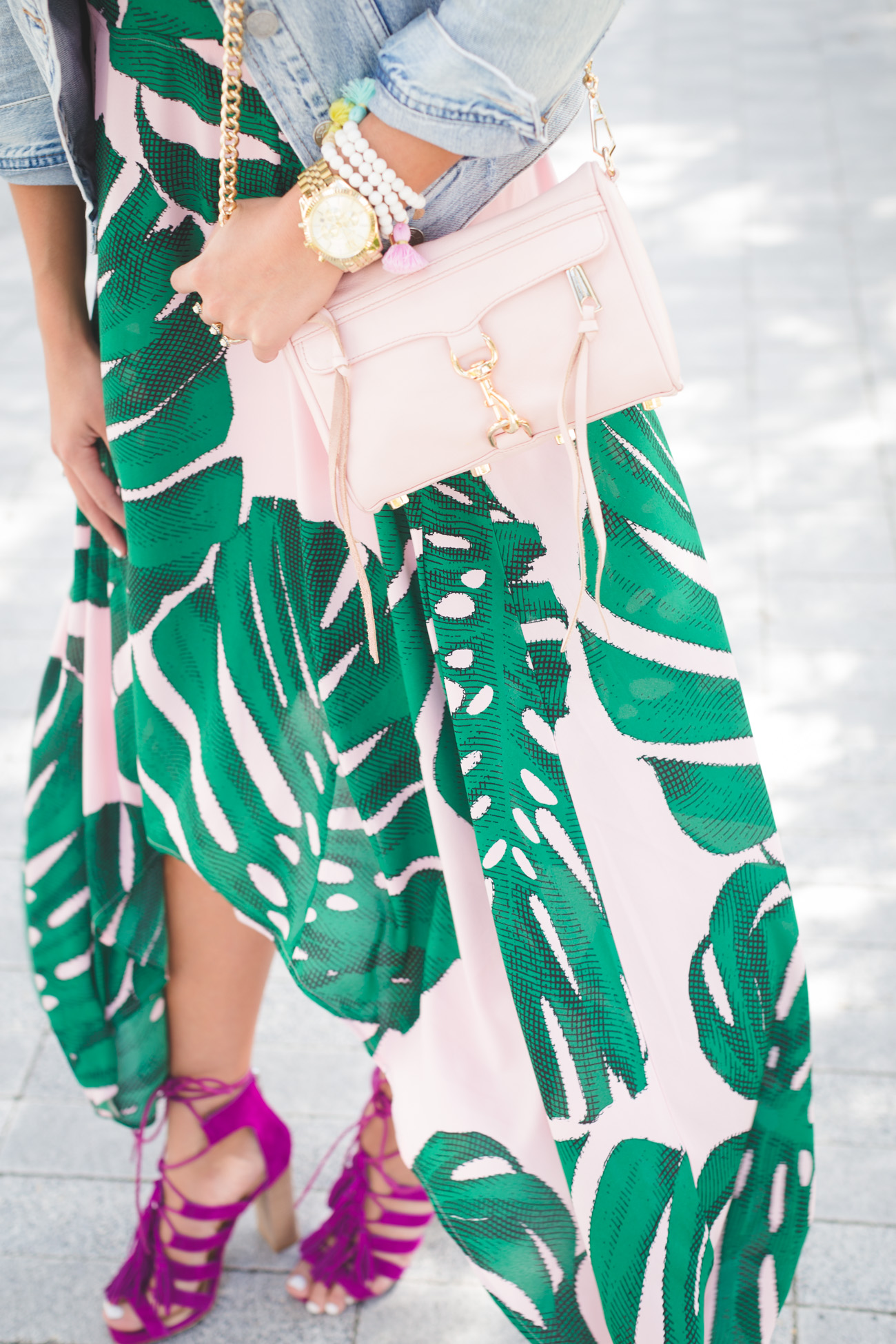 palm print dresses, palm print dress, palm printed dress, fuchsia lace up sandals, vintage denim jacket, palm tree dress, tropical print dress, tropical print maxi, summer maxi, vacation maxi, poolside maxi, pool style, beach style, steve madden lace up heels, express tropical dress, blush pink rebecca minkoff mini mac crossbody handbag // grace wainwright from a southern drawl