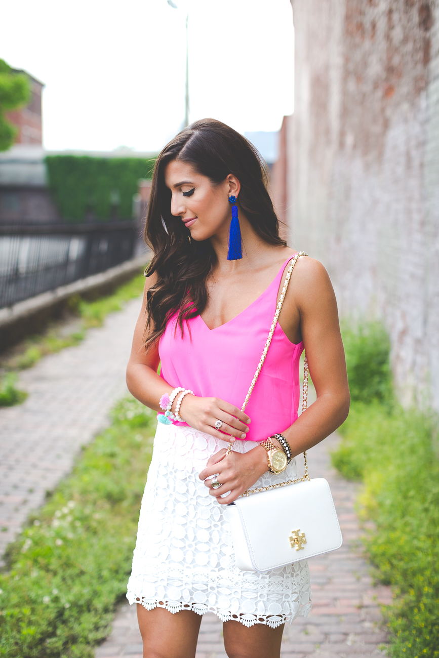kentucky fashion blogger, topshop cami, white mini skirt, white a line skirt, blue tassel earring, oversized tassel earrings, summer fashion, summer style, topshop skirt, tory burch white crossbody bag, tassel bracelets, date night fashion, date night outfit, feminine outfit, girly outfit // grace wainwright a southern drawl