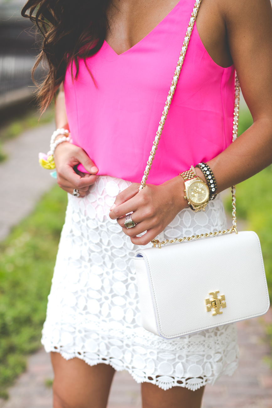 kentucky fashion blogger, topshop cami, white mini skirt, white a line skirt, blue tassel earring, oversized tassel earrings, summer fashion, summer style, topshop skirt, tory burch white crossbody bag, tassel bracelets, date night fashion, date night outfit, feminine outfit, girly outfit // grace wainwright a southern drawl
