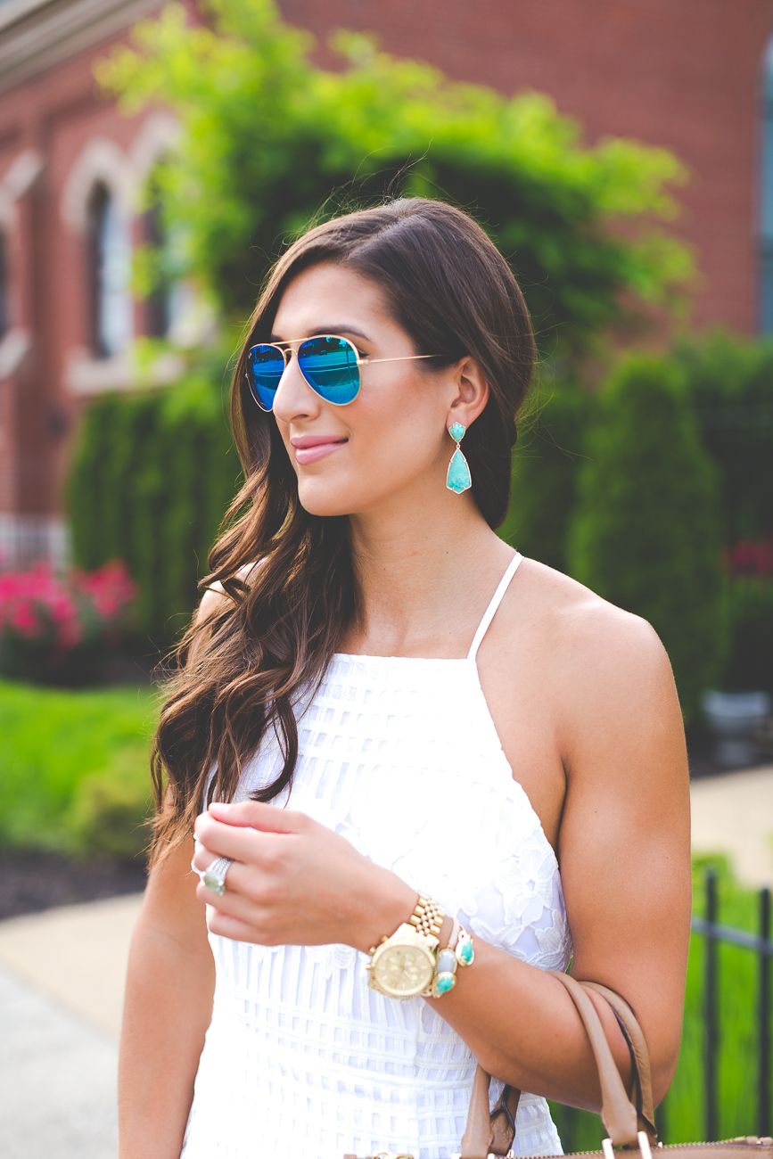 white midi dress, crochet midi dress, summer midi dress, summer fashion, little white dress, lwd, kendra scott turquoise earrings, kendra scott carey earrings in amazonite // grace wainwright a southern drawl