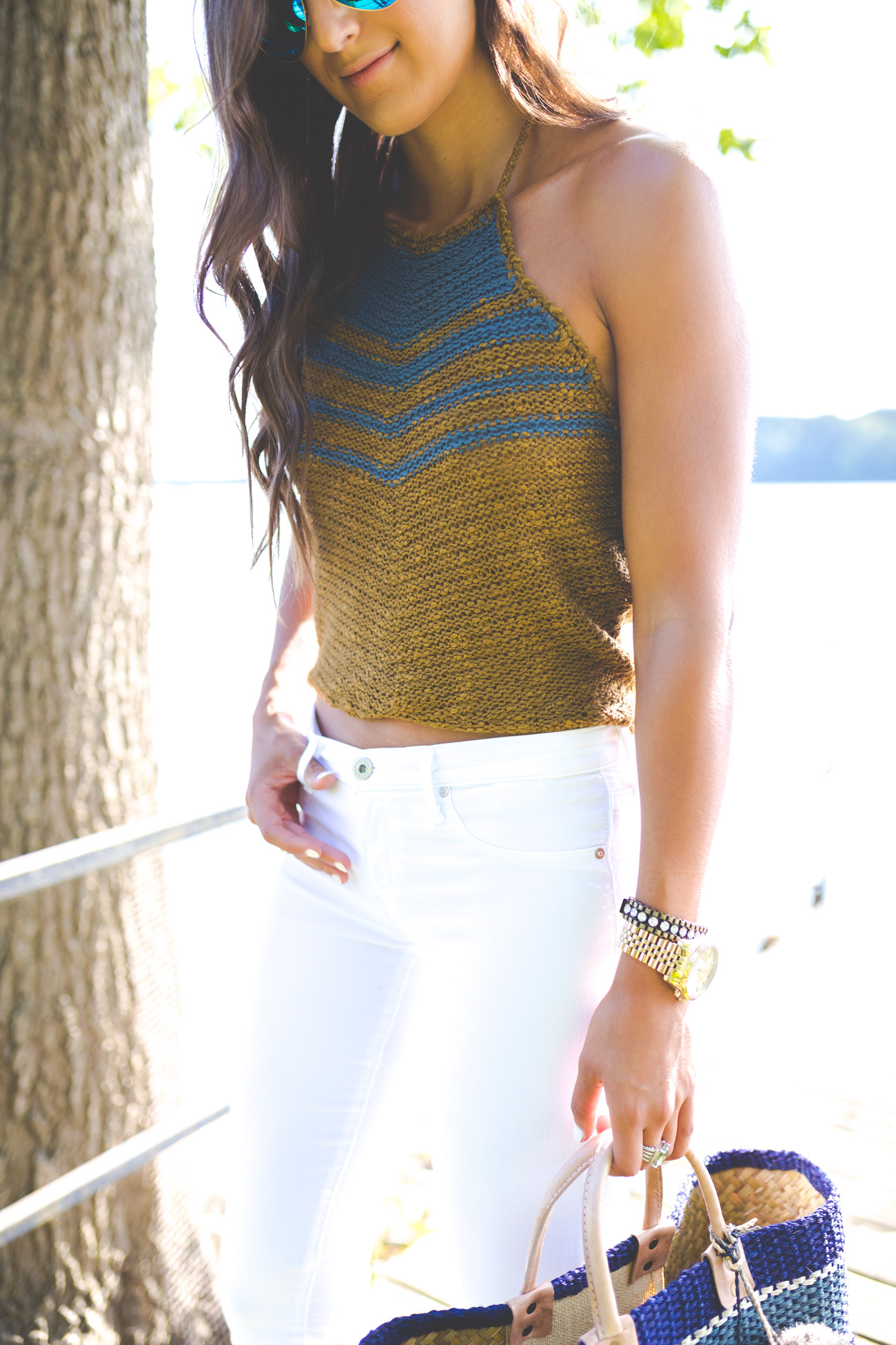 crochet halter top, white skinny jeans, mar y sol capri tote, stripe straw tote, summer outfit ideas, cute summer outfit, vacation style, tropical outfit, summer vacation outfit, gold dior so real sunglasses, dior reflected sunglasses, tassel top, kentucky fashion blogger // grace wainwright a southern drawl