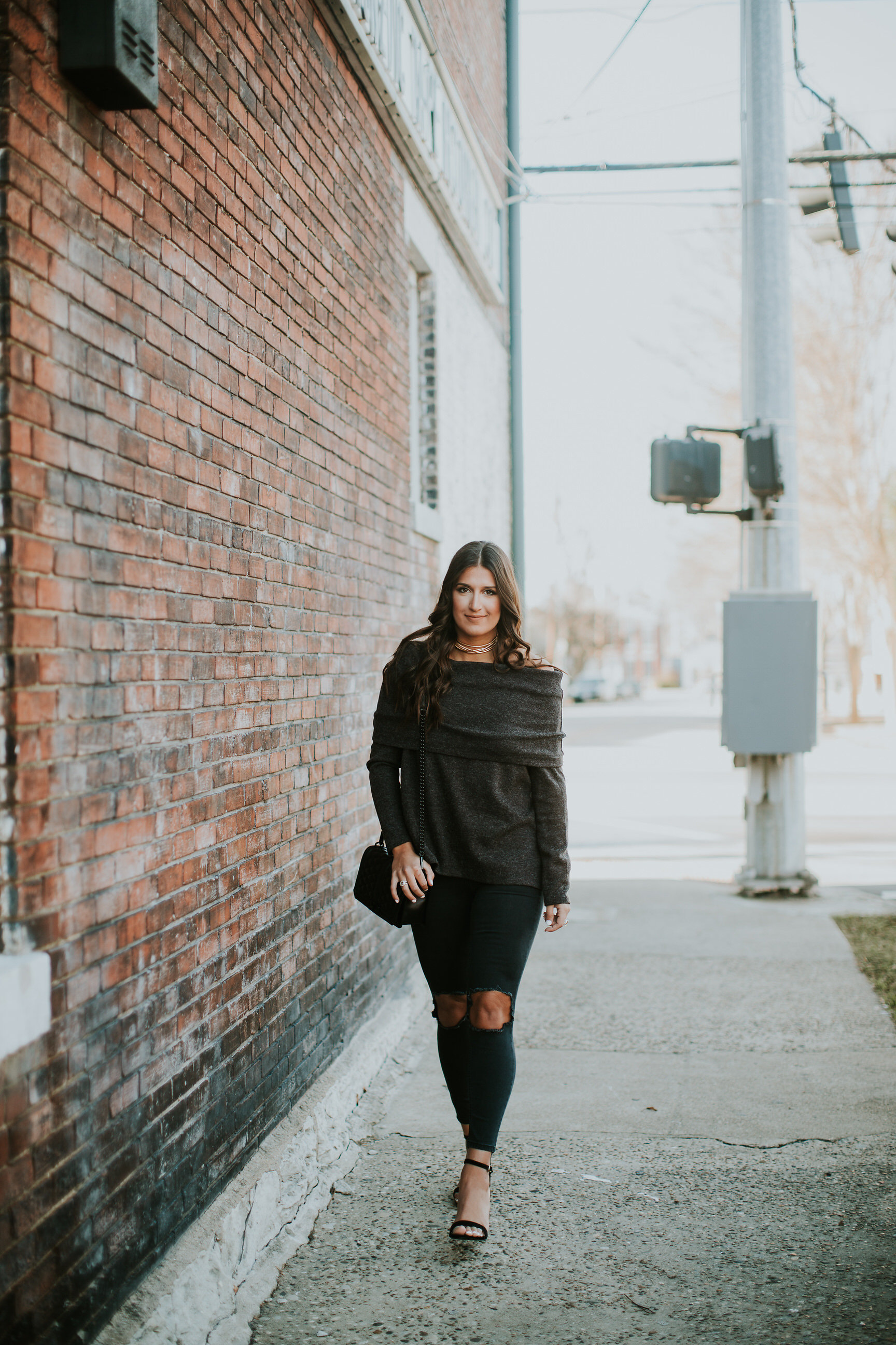 off the shoulder sweater, busted skinny jeans, free people busted skinny jeans, free people distressed skinny jeans, winter fashion, winter style, steve madden carrson sandals, off the shoulder lace up sweater, off the shoulder sweater // grace wainwright a southern drawl