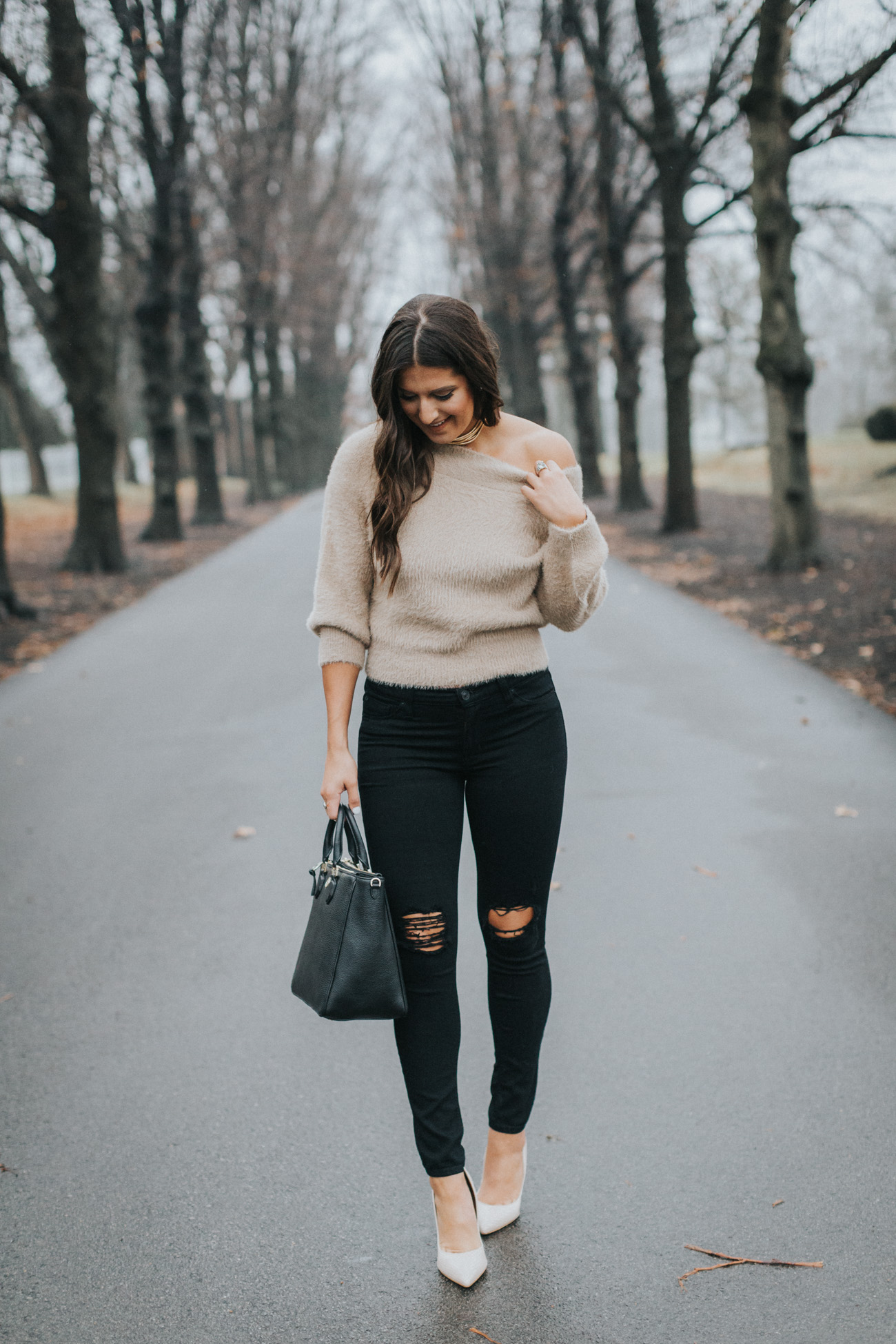 Neutral Off the Shoulder Sweater, chicwish sweater, chicwish outfit, nude pumps, distressed skinny jeans, neutral outfit, neutral palette, gold choker necklace // grace wainwright a southern drawl