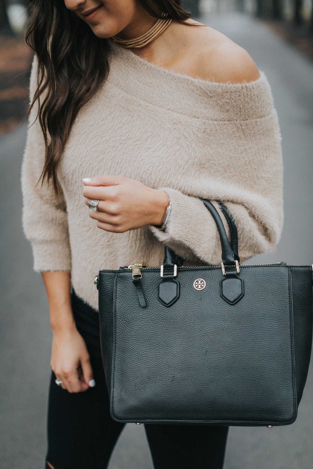 Neutral Off the Shoulder Sweater, chicwish sweater, chicwish outfit, nude pumps, distressed skinny jeans, neutral outfit, neutral palette, gold choker necklace // grace wainwright a southern drawl