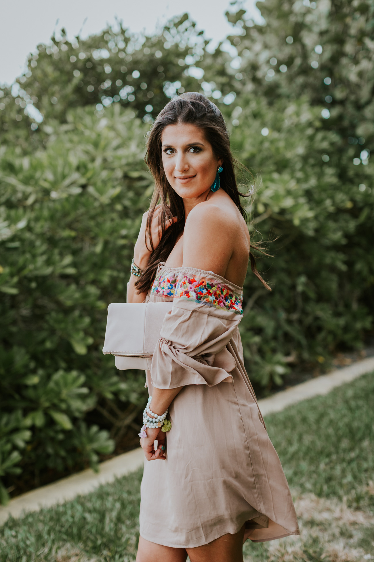 embroidered off the shoulder dress, vava by joy han dress, beach style, beach fashion, ruffle sleeves, tassel bracelets, turquoise jewelry // grace wainwright a southern drawl