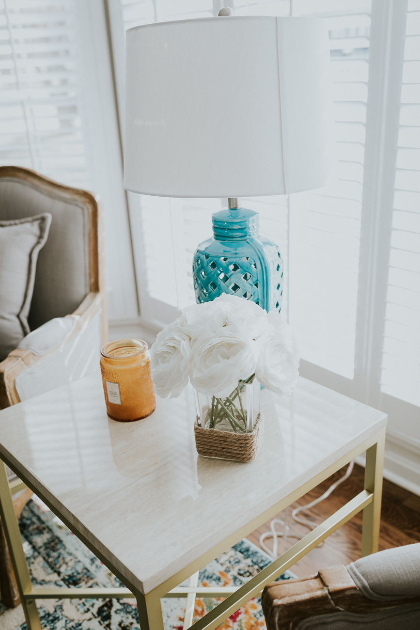 formal living room, overstock home decor, home decorations, formal living room decor, french country setee, french country sofa, french country furniture, safavieh rug, safavieh home decor, candle lanterns, gold bench, turquoise accents, a southern drawl home // grace wainwright a southern drawl