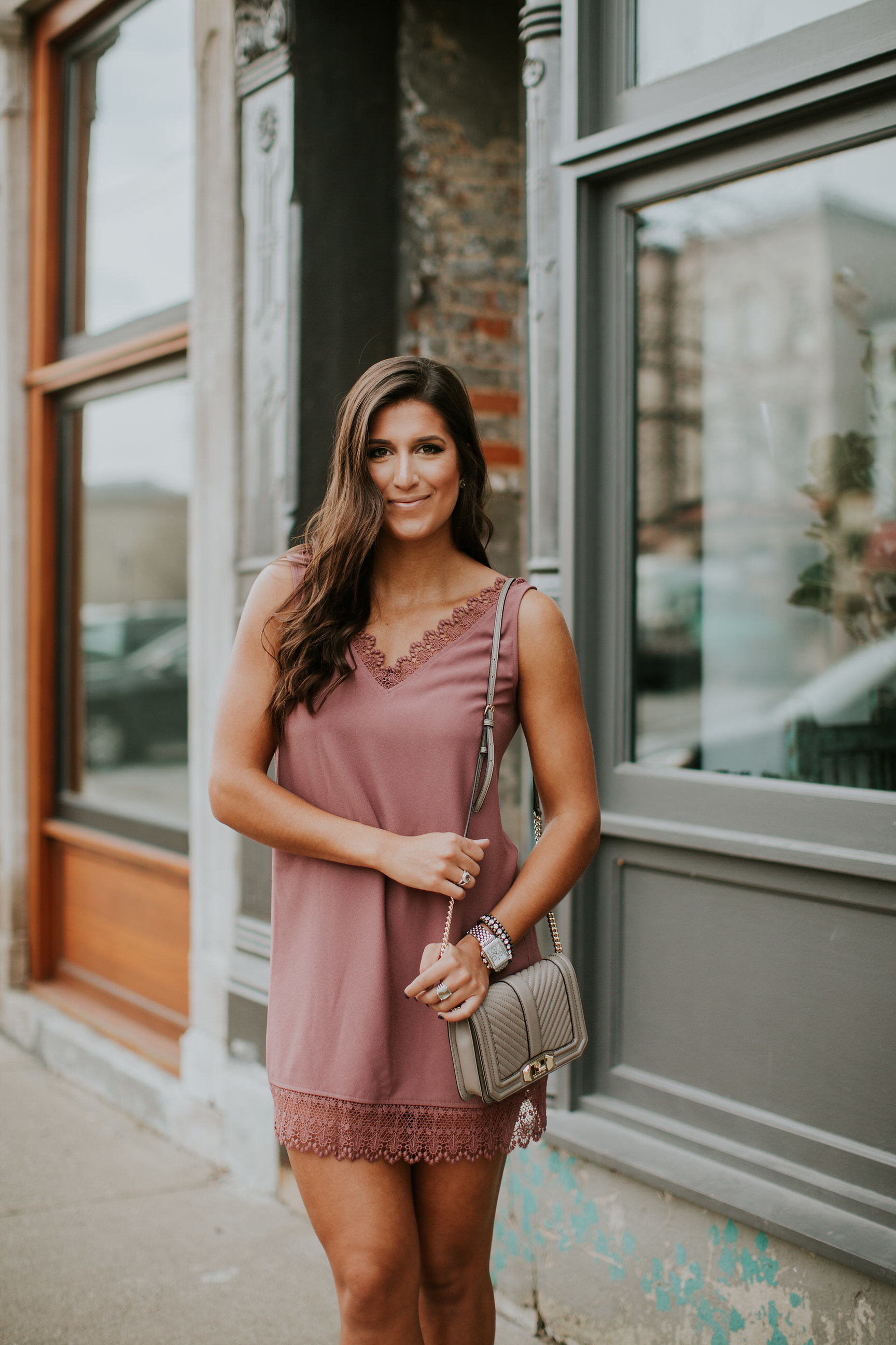 muave lace trim dress, muave dress, muave shift dress, affordable dress, nordstrom shift dress, spring fashion, spring muave colors, spring rose colors, spring outfit, spring style, spring fashion ideas, rebecca minkoff taupe crossbody bag, rebecca minkoff mushroom crossbody bag // grace wainwright a southern drawl