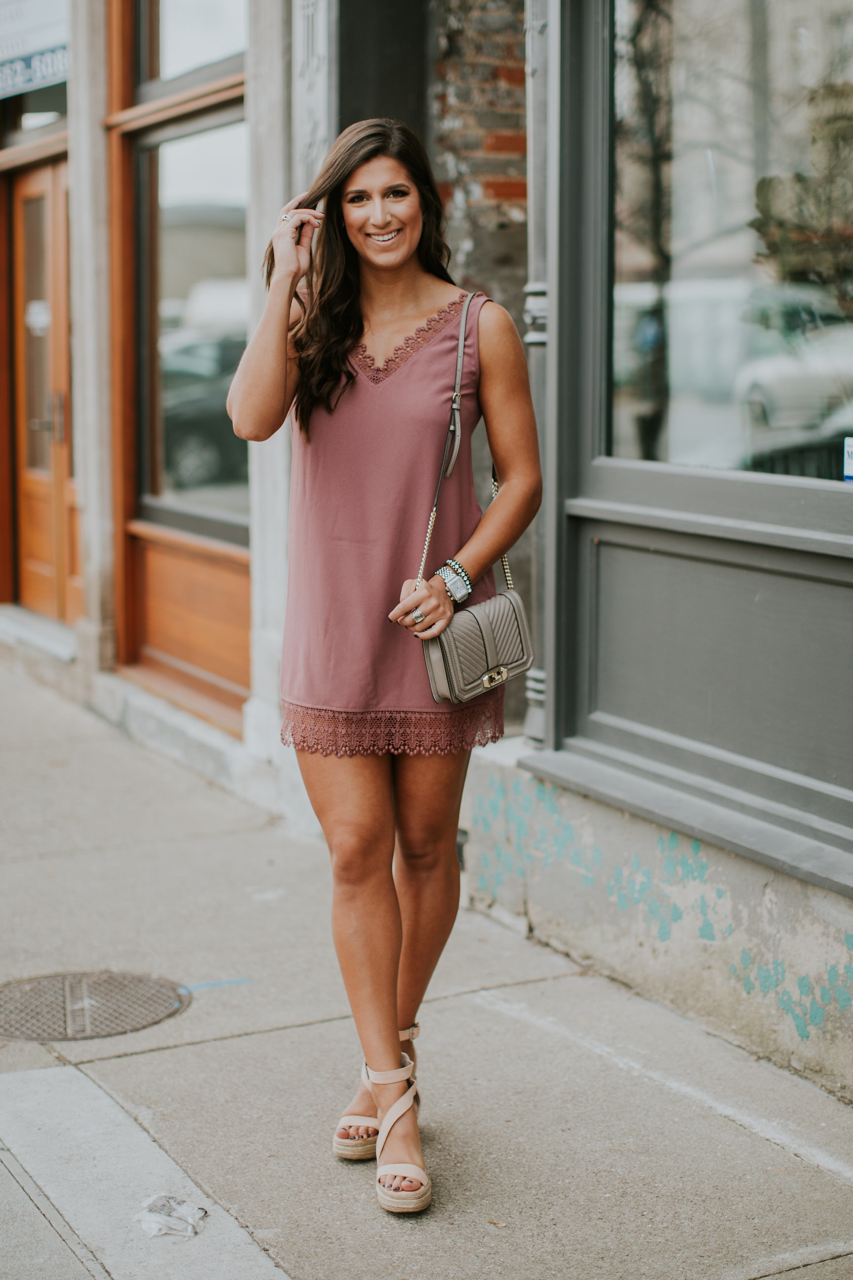 muave lace trim dress, muave dress, muave shift dress, affordable dress, nordstrom shift dress, spring fashion, spring muave colors, spring rose colors, spring outfit, spring style, spring fashion ideas, rebecca minkoff taupe crossbody bag, rebecca minkoff mushroom crossbody bag // grace wainwright a southern drawl
