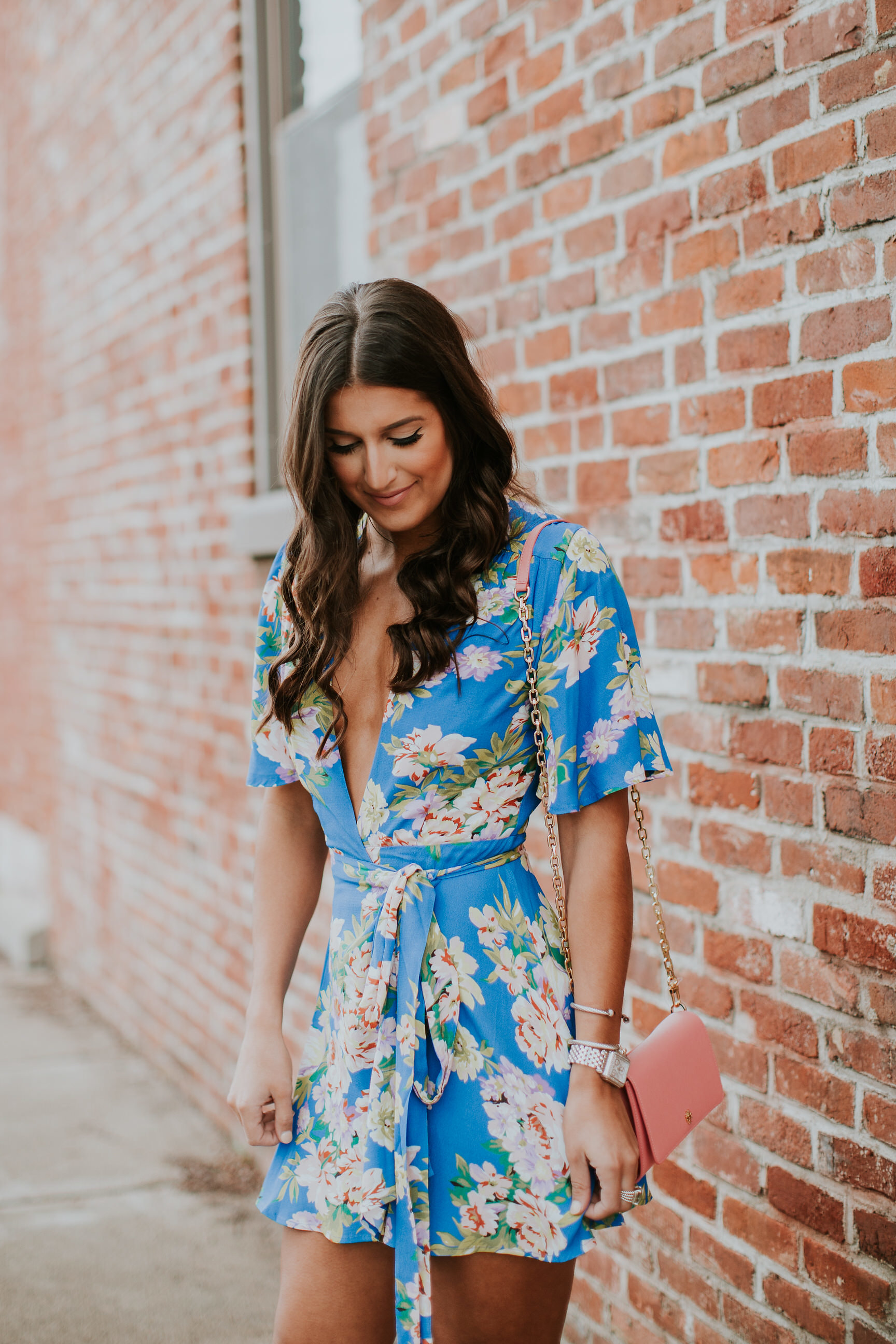floral wrap dress, floral dress, privacy please floral dress, spring fashion, tory burch chain wallet, dolce vita effie block heeled sandal, dolce vita sandals, gold chain earrings, spring fashion, spring style, vacation style, vacation outfit, wrap mini dress // grace wainwright a southern drawl