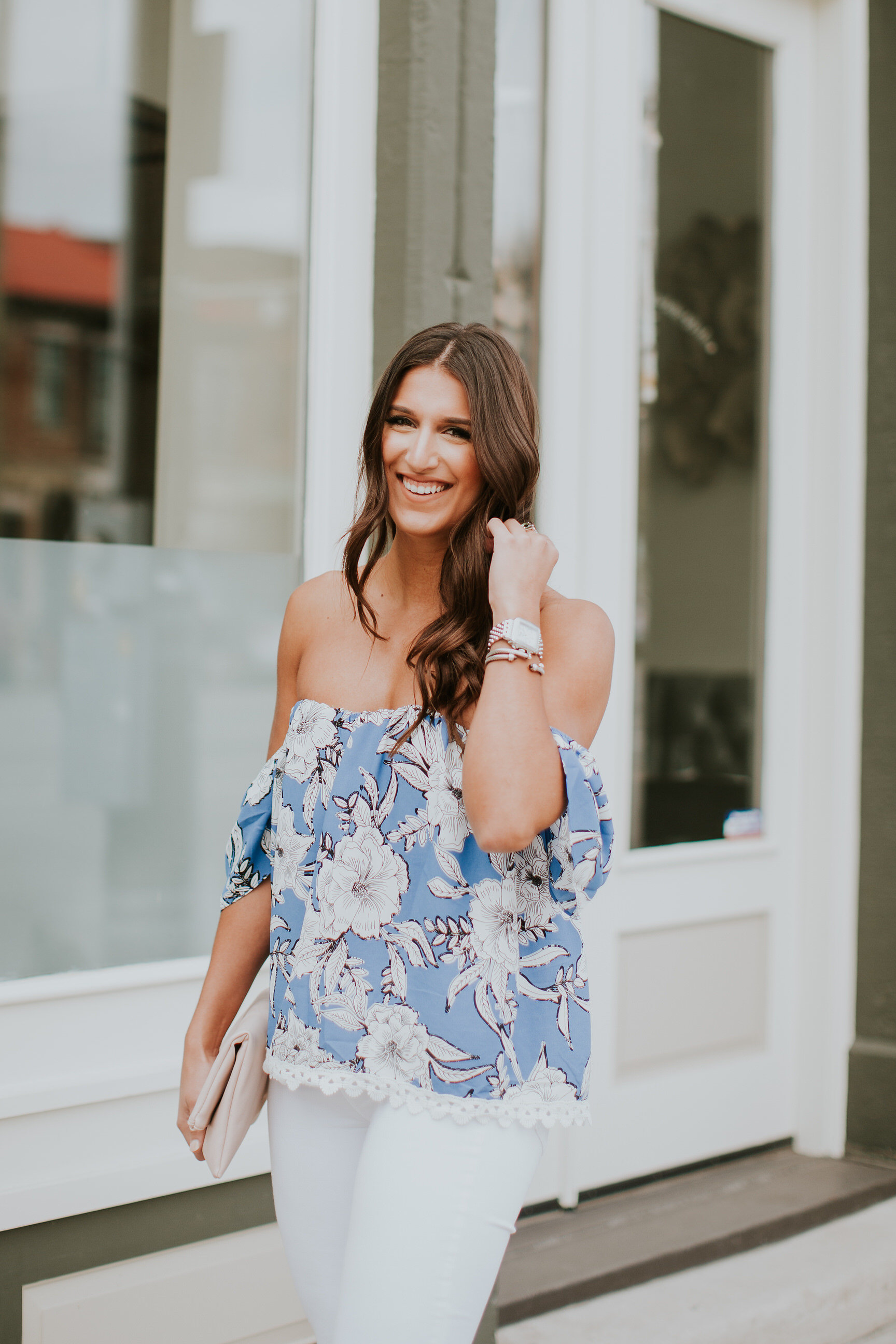 casual summer outfit, floral top, floral off the shoulder top, lovers and friends top, lovers and friends cold shoulder top, lovers and friends off the shoulder top, dolce vita block heel sandal, summer fashion, summer style, cute summer outfits // grace wainwright a southern drawl