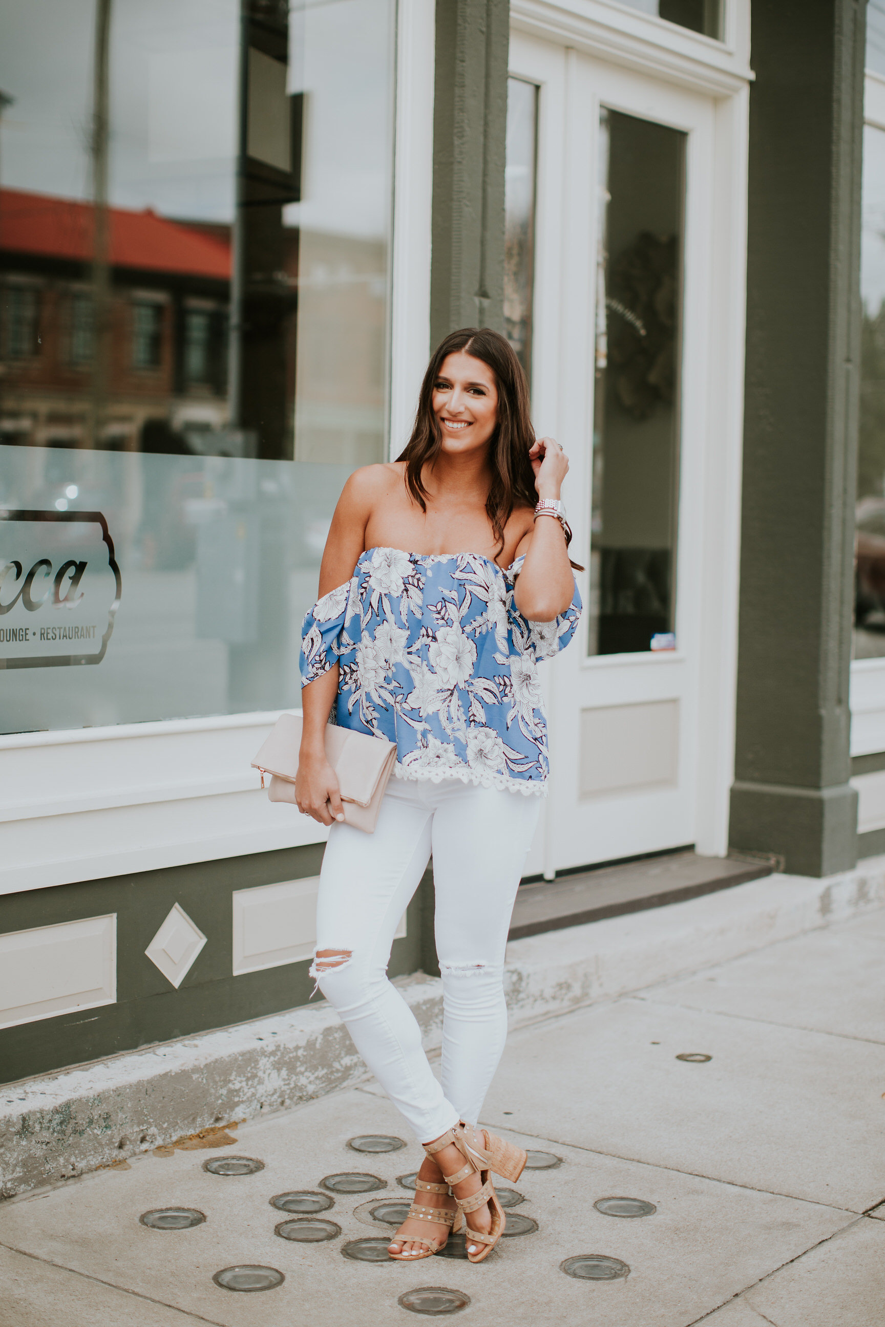 casual summer outfit, floral top, floral off the shoulder top, lovers and friends top, lovers and friends cold shoulder top, lovers and friends off the shoulder top, dolce vita block heel sandal, summer fashion, summer style, cute summer outfits // grace wainwright a southern drawl