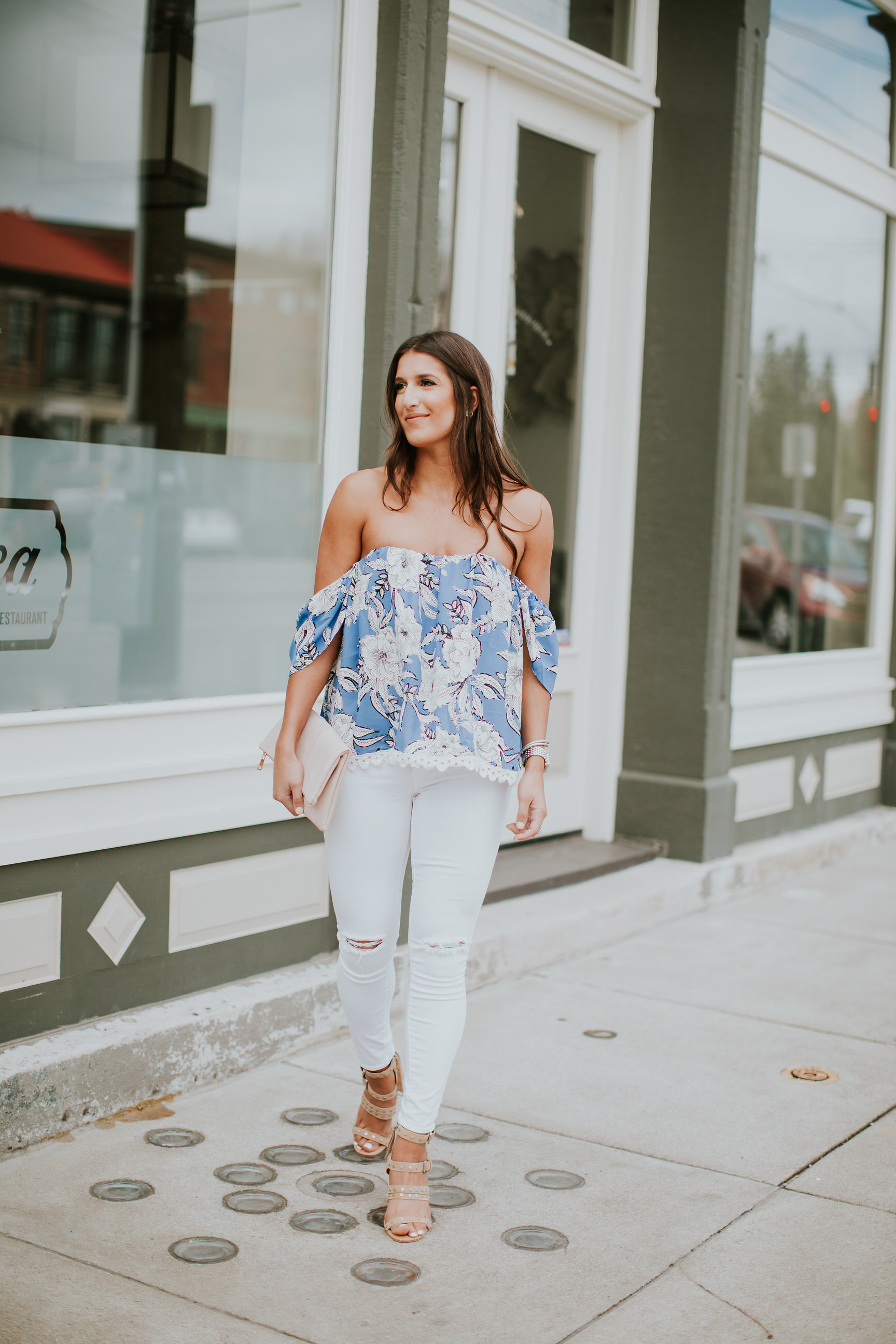 casual summer outfit, floral top, floral off the shoulder top, lovers and friends top, lovers and friends cold shoulder top, lovers and friends off the shoulder top, dolce vita block heel sandal, summer fashion, summer style, cute summer outfits // grace wainwright a southern drawl