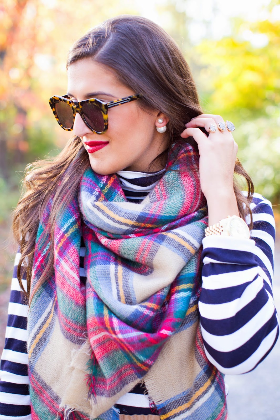Plaid Blanket Scarf and Stripe Top | A Southern Drawl