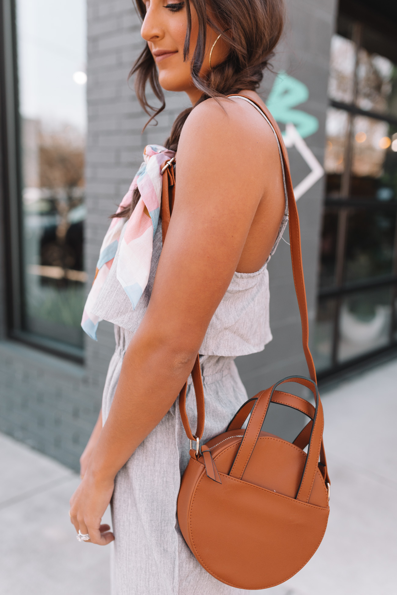 ruffle jumpsuit, cami jumpsuit, affordable jumpsuit, affordable style, hair braid, hair scarf, easy braids, steve madden stecy sandal, saddle crossbody bag, spring jumpsuit, spring style, walmart we dress america // grace white a southern drawl