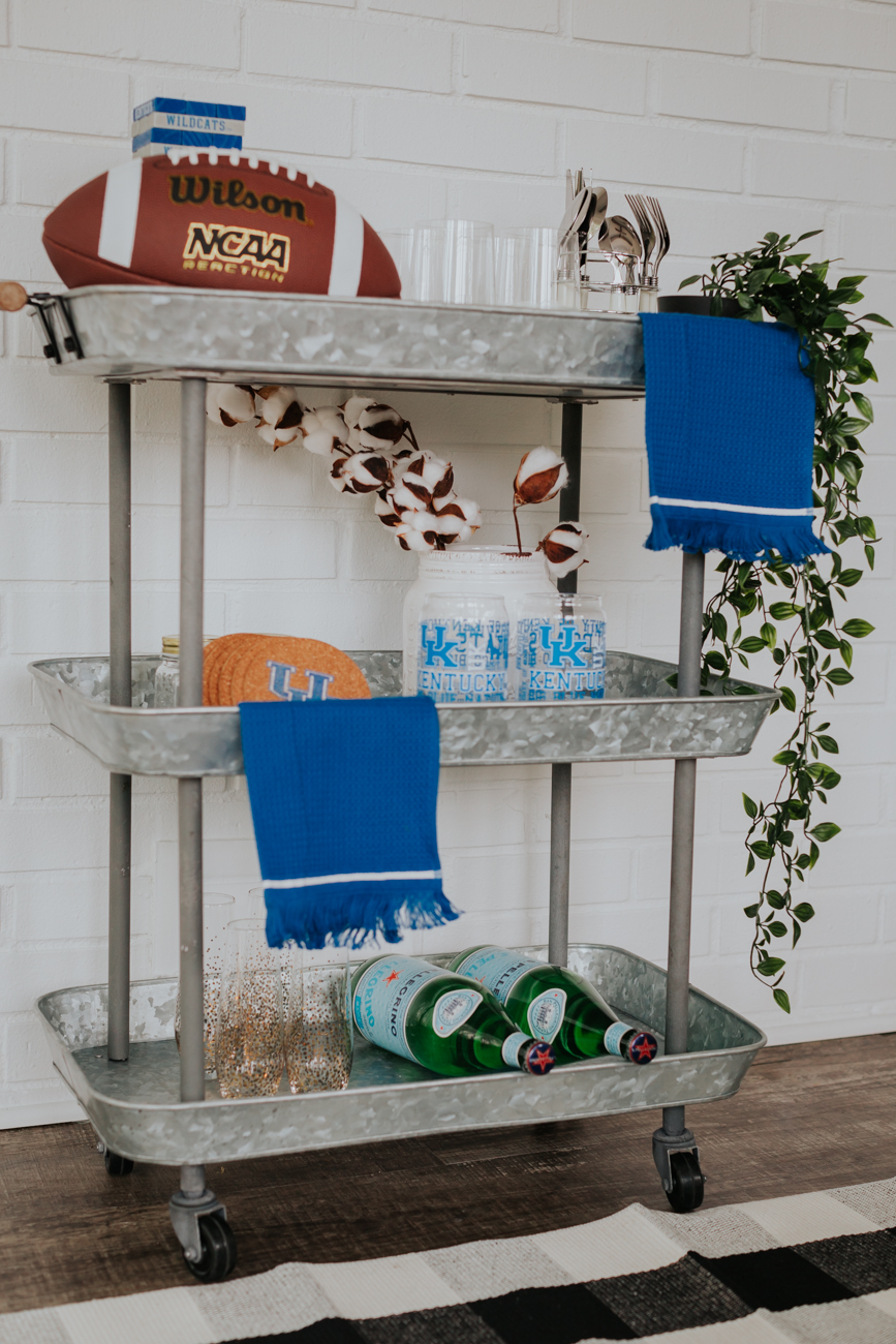 game day bar cart, kentucky bar cart, kentucky football tailgate, university of kentucky football game day entertaining, pottery barn bar cart // grace white a southern drawl
